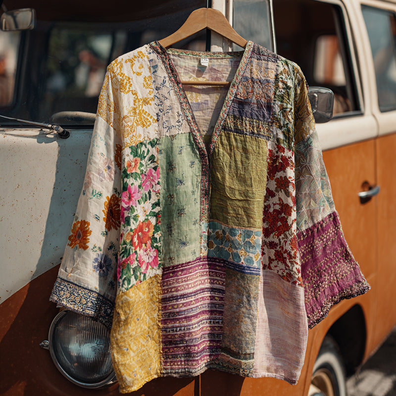 Countryside Style Collection Classy Patchwork Floral Pattern Art Linen Long Sleeve Tshirt elevenforest