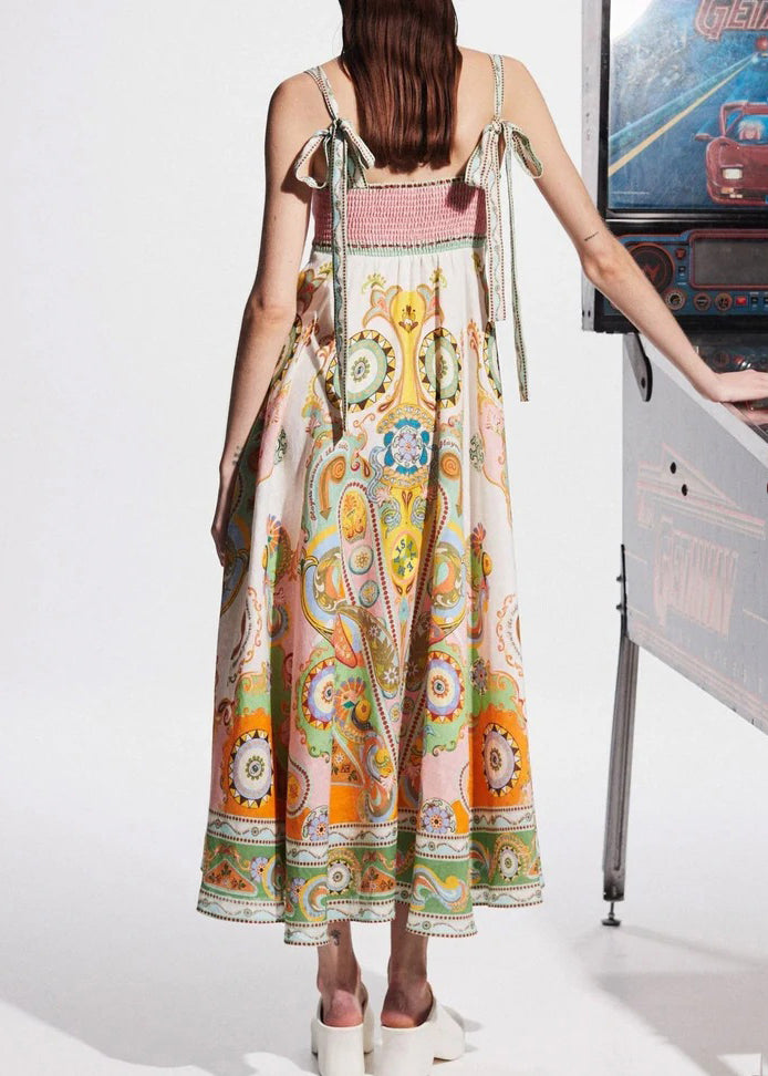 Original Design Slash Neck Print Long Spaghetti Strap Dresses Sleeveless