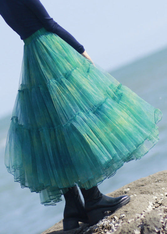 Green Ruffled Elastic Waist Tulle Skirt Spring