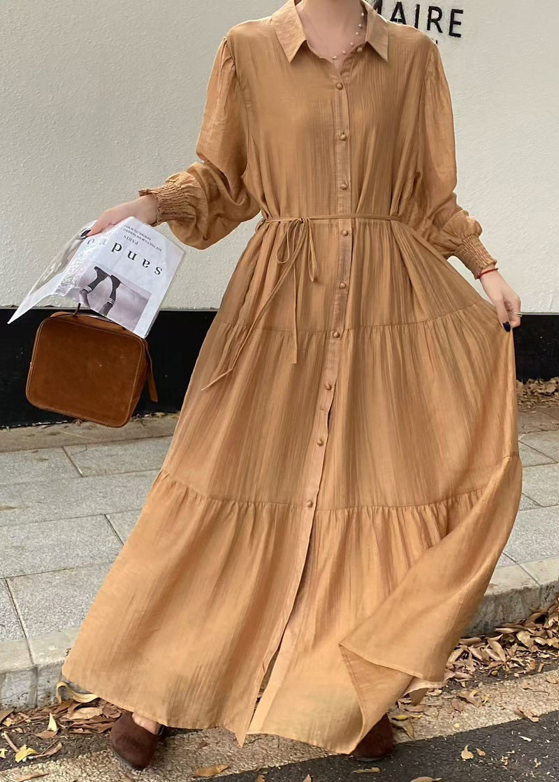 Blue Tie Waist Exra Large Hem Cotton Shirt Dresses Fall