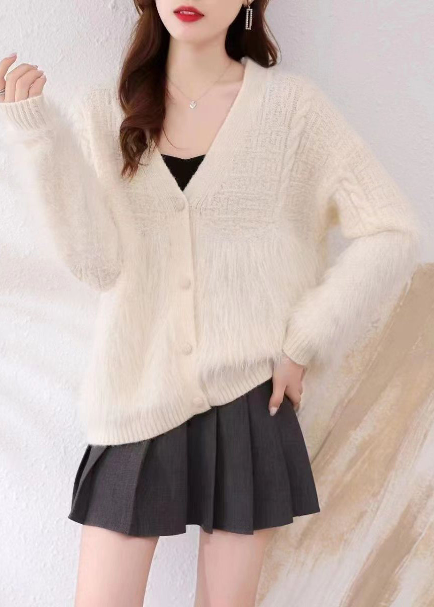 Khaki V Neck Patchwork Mink Hair Knitted Cardigan Fall