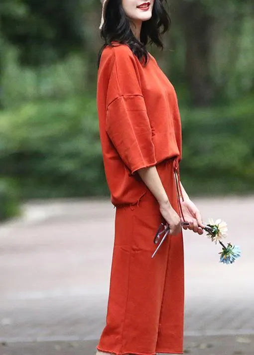 New Cotton Orange Two Pieces Half Sleeve Tops and Elastic Skirts