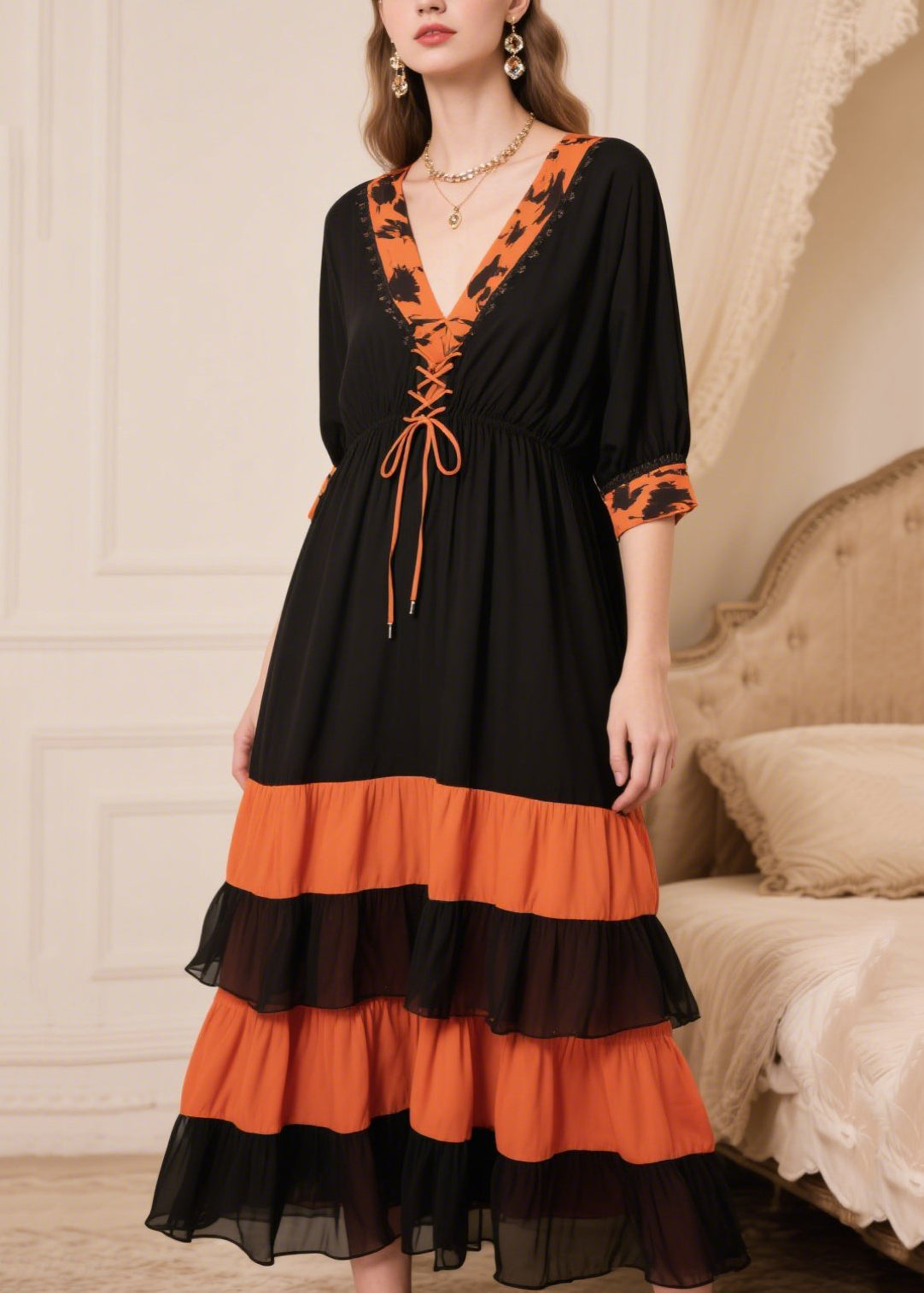 Black Patchwork Cross Strap Chiffon Maxi Dresses Summer