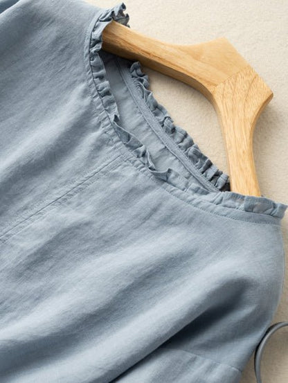 Embroidered Round Neck Short Sleeve Linen Tee Top