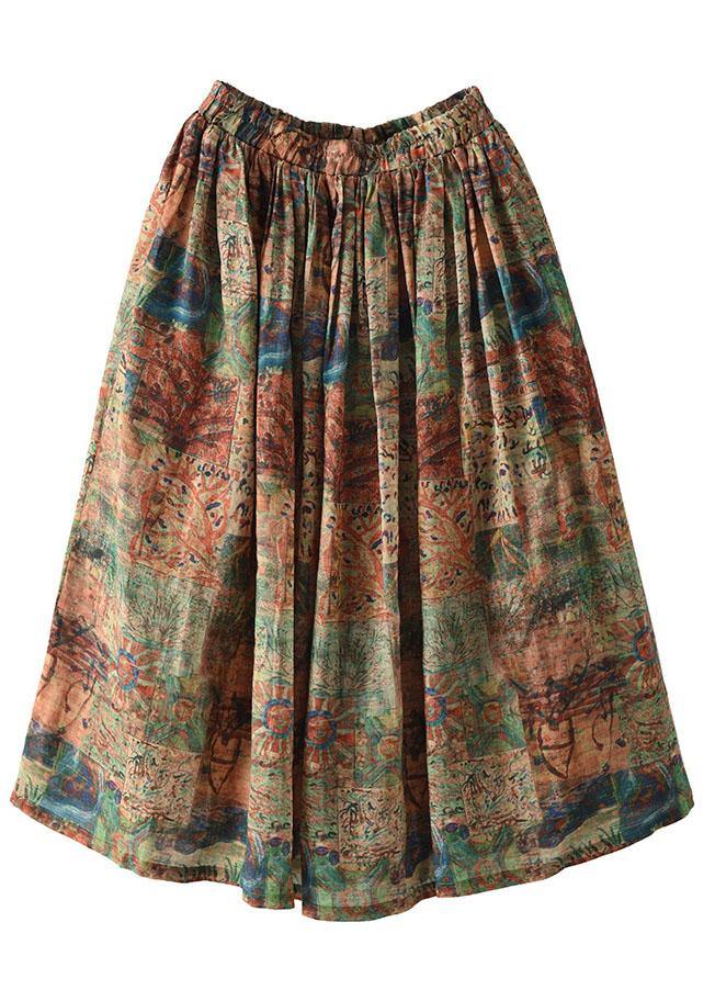 Brown-pumpkin Print Ramie Elastic Waist Skirt