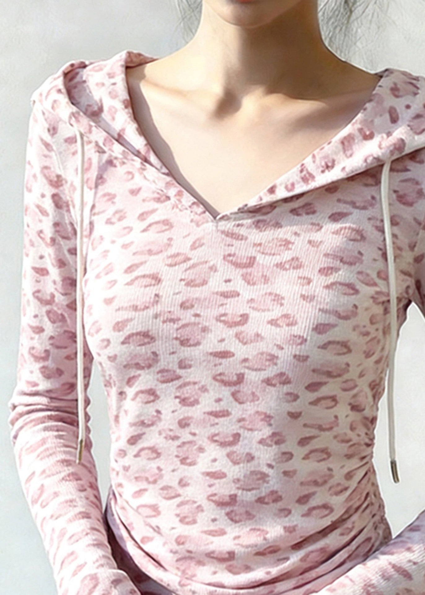 Pink Hooded Leopard Print Cotton Sweatshirt Tops Spring