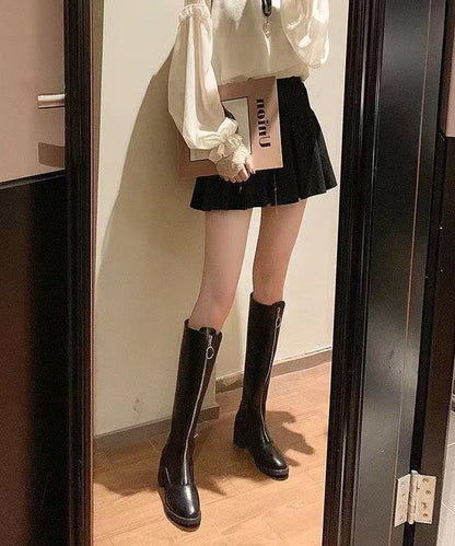 Black Zippered Cowhide Leather Knee Boots