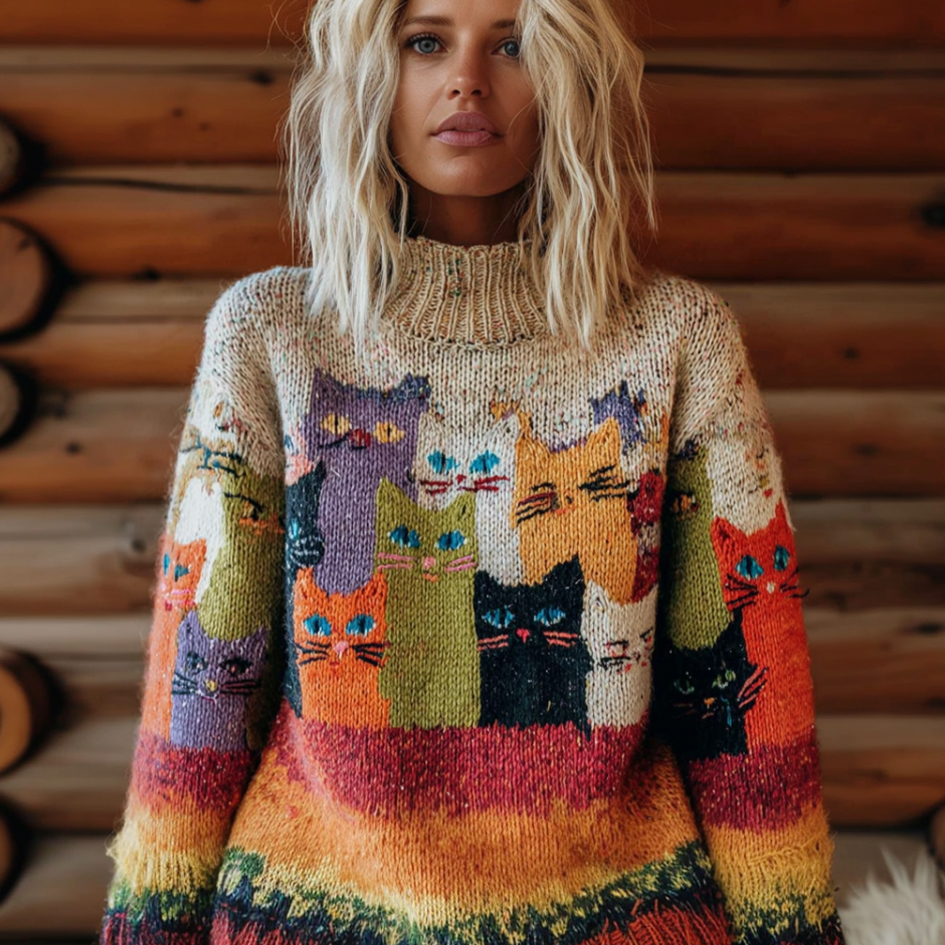 Comstylish Rainbow Fun Cat Lady Winter Knit Sweater