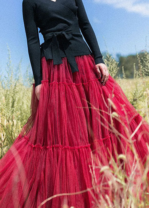 Classy Red Cinched Tulle Pleated Skirt Spring