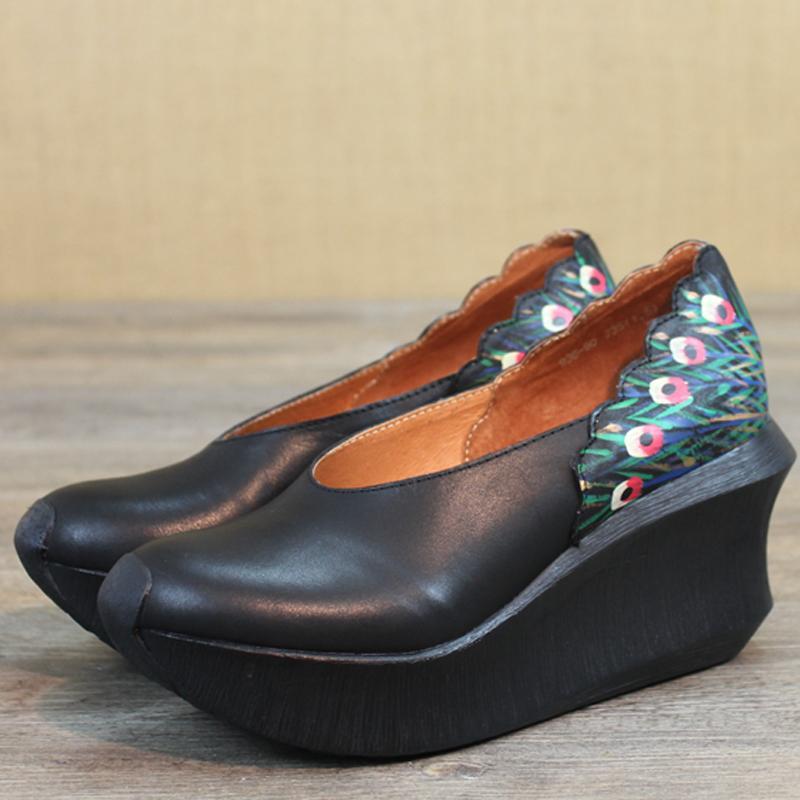 Wedge Peacock Tail Print Sewing Shoes