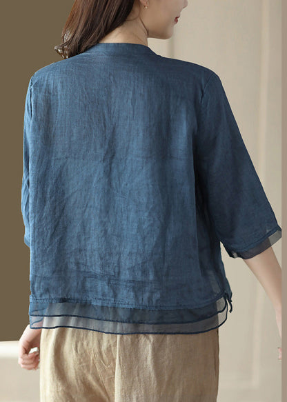 Blue V Neck Embroidered Ramie Shirt Half Sleeve
