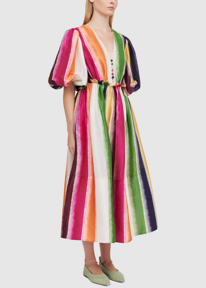 Rainbow V Neck High Waist Cotton Long Dress Summer