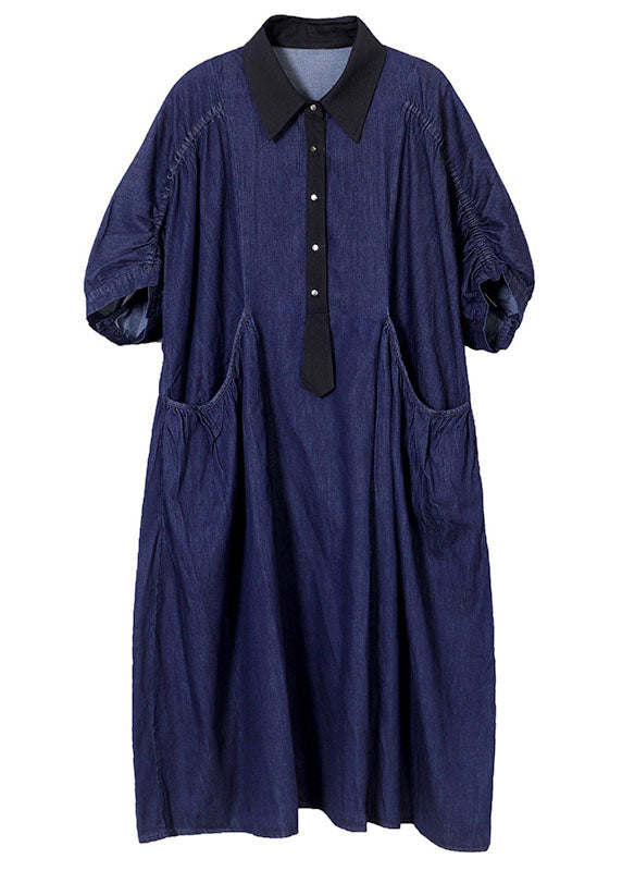Blue Peter Pan Collar Patchwork Wrinkled Cotton Vacation Denim Dresses Short Sleeve