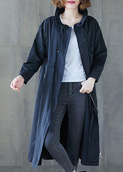 Fall Navy Ruffled Drawstring Zippered Coats