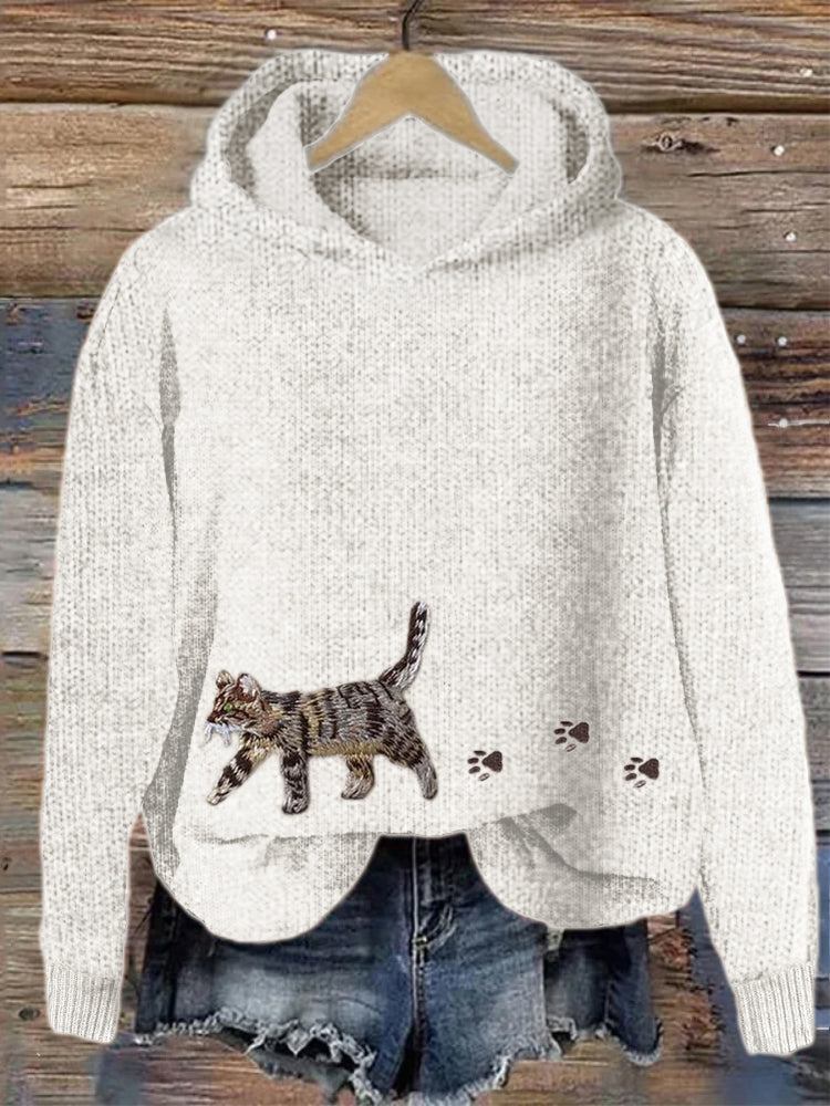 Comstylish Cat & Paw Prints Embroidered Cozy Knit Hooded Sweater