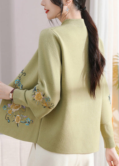 Art Green Stand Collar Cotton Knit Coats and Sweater Two Pieces Set Fall