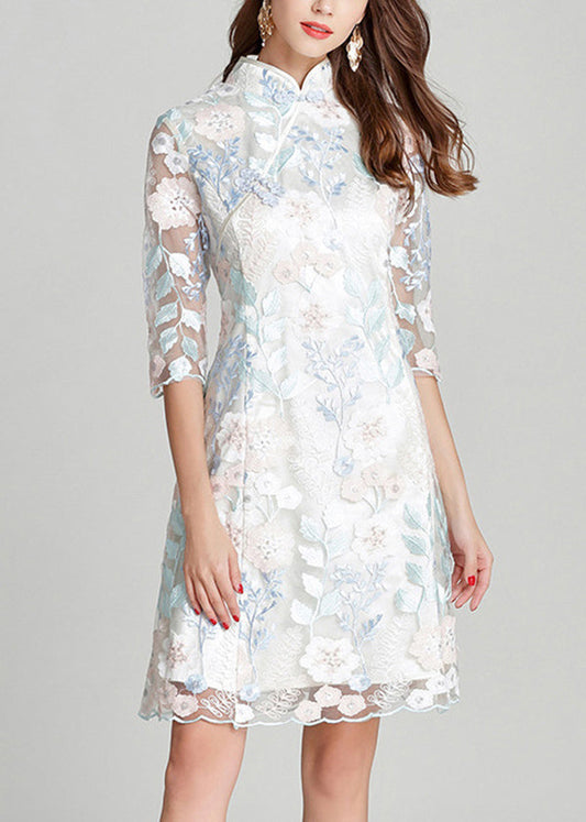 White Stand Collar Embroidered Silk Mid Dresses Summer