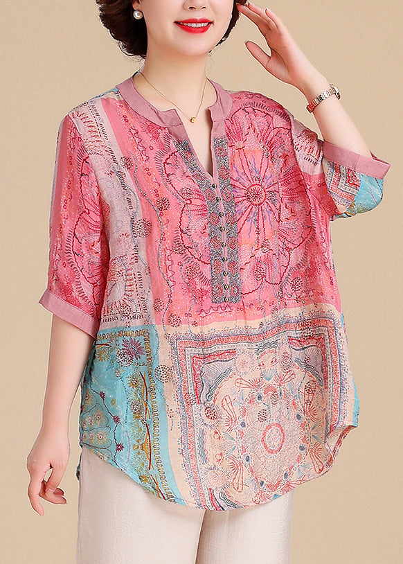 V Neck Print Cotton Blouse Tops Summer