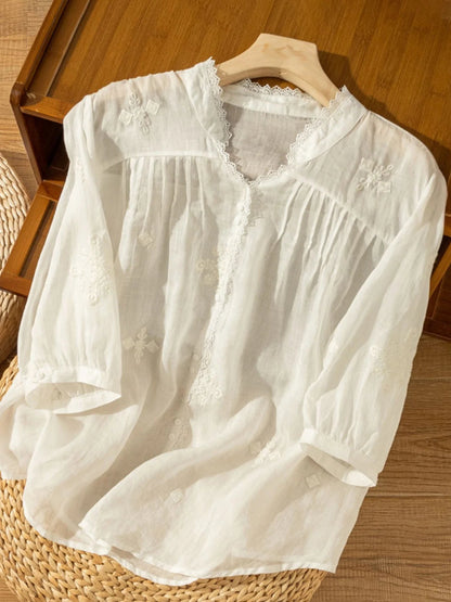 Embroidered V Neck 3/4 Sleeve Linen Shirt Top