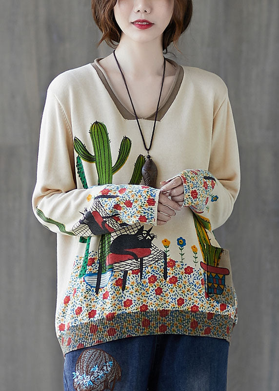 French Beige V Neck Loose Print Fall Sweater