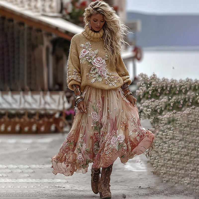 Vintage Rose In Gradient Yellow Art Cozy Knit Turtleneck Sweater And Linen Skirt Two-piece Set artswardrobe