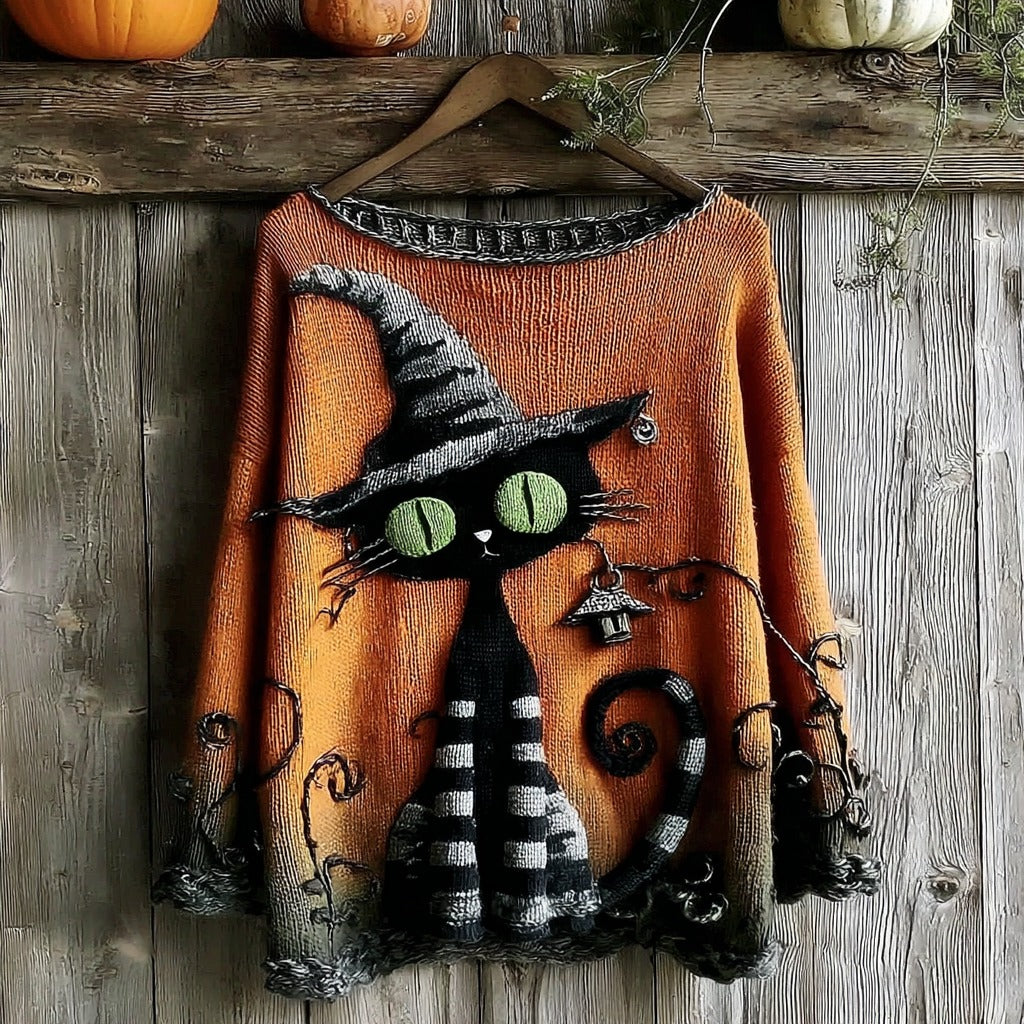 Halloween Black Cat Knitted Crew Neck Sweater artswardrobe
