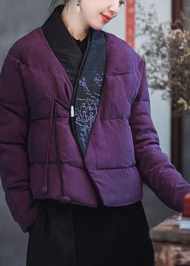 Pink Purple Embroidered Patchwork Duck Down Puffers Coats Winter