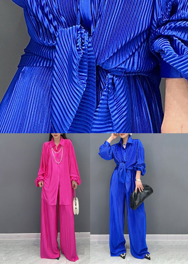 Blue Peter Pan Collar Shirts and Wide Leg Pants Two Piece Set Lantern Sleeve