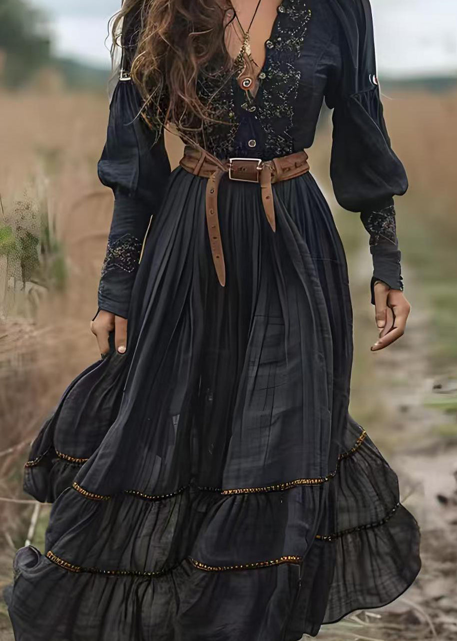Black V Neck Print Wrinkled Cotton Long Dress Spring