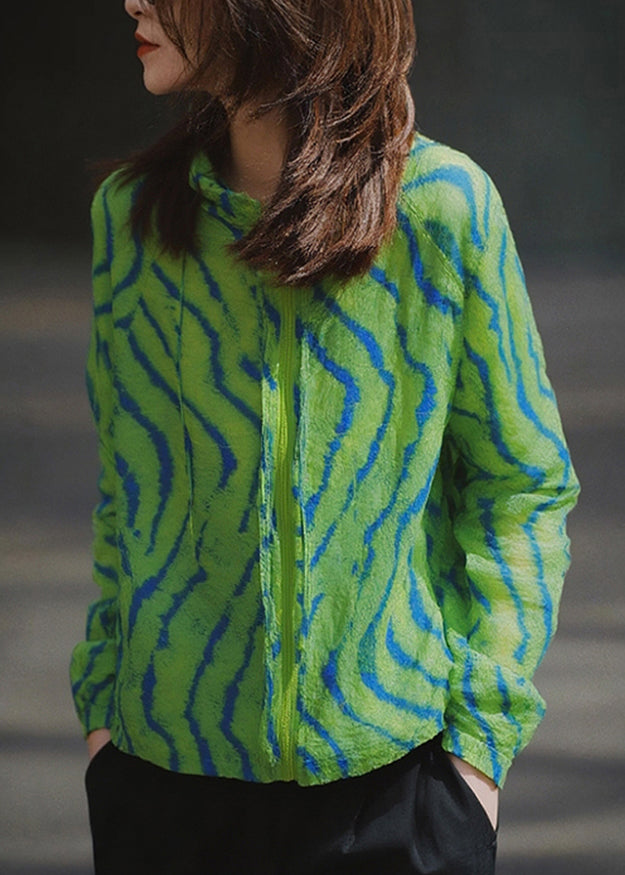 Green Zip Up Print Cotton Coat Fall