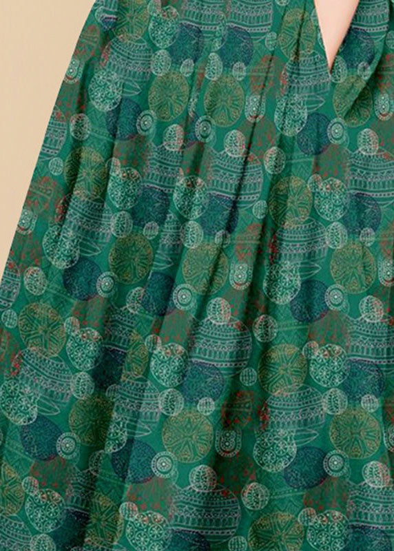 Green Wrinkled Pockets Print Patchwork Silk Skirts Summer