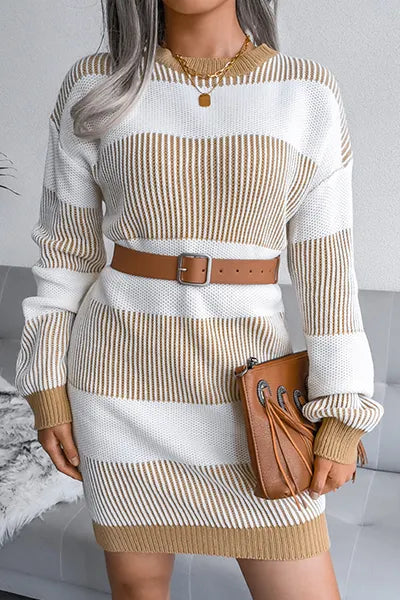 Striped Split Joint Contrast O Neck Dresses Sweater (without Belt)