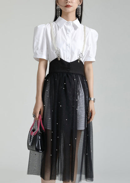 French White Peter Pan Collar Shirt Dresses and Tulle Skirt Two Pieces Set Summer
