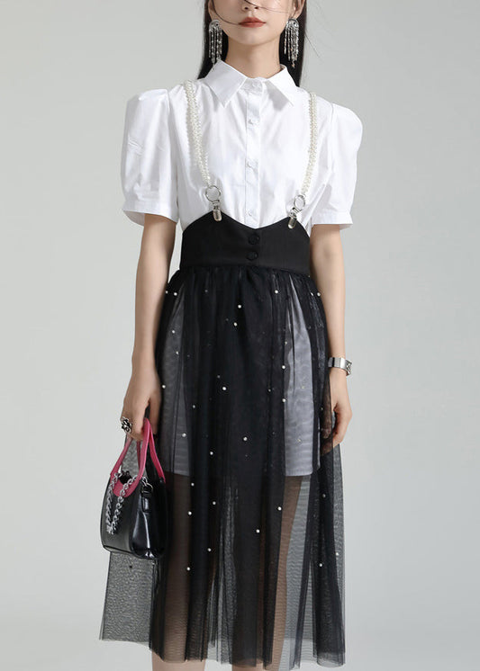 French White Peter Pan Collar Shirt Dresses and Tulle Skirt Two Pieces Set Summer