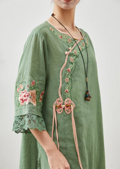 Green Tasseled Embroidered Linen Dresses Summer