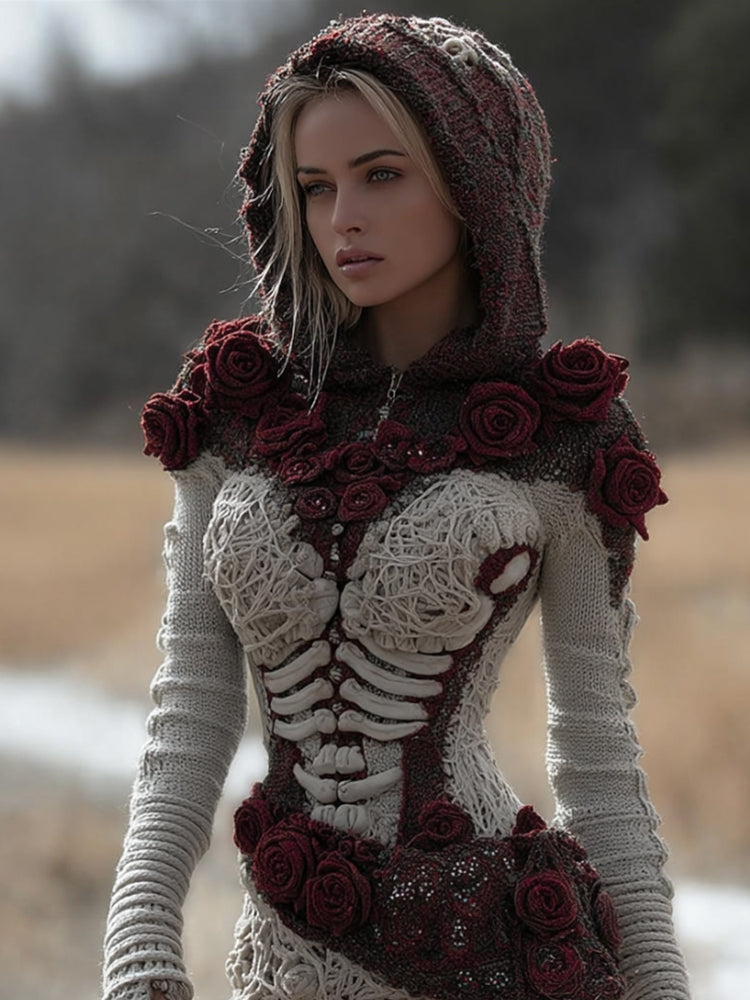 Comstylish Women Halloween Skeleton&red Rose Hooded Sweater