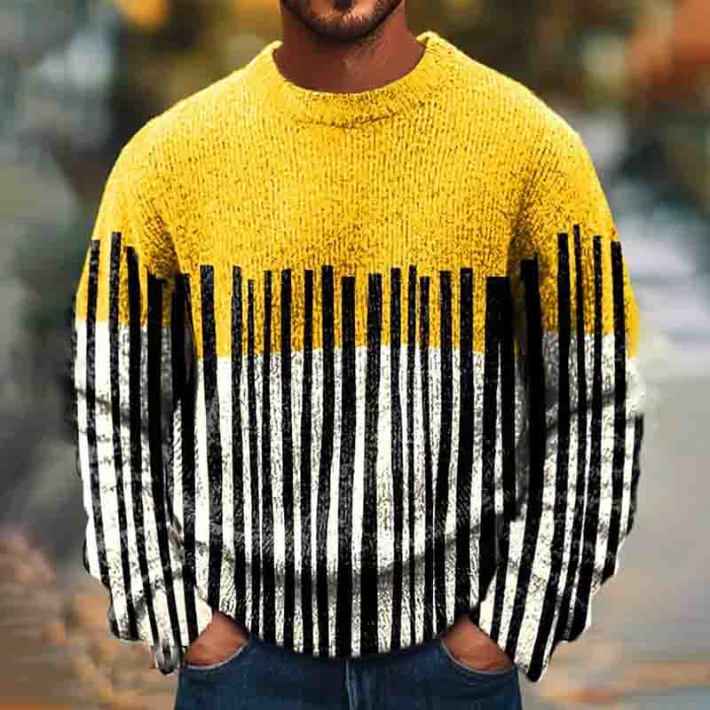 Men's Vintage Color Block Stripes Art Knitted Crew Neck Sweater artswardrobe
