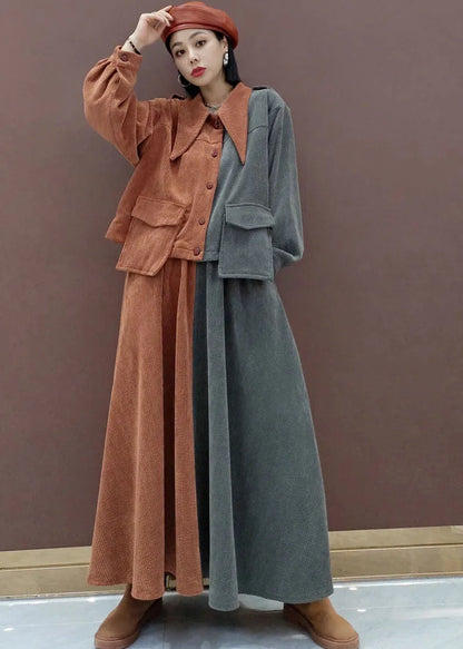 Fine V Neck Patchwork Corduroy Long Sleeved Tops Circle Skirts Two Piece Set Outfits
