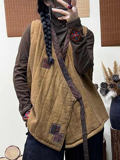 Winter Style Patch Loose Belt V-neck Vest