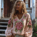 Women's Vintage Floral Pink V-neck Sweater elevenforest