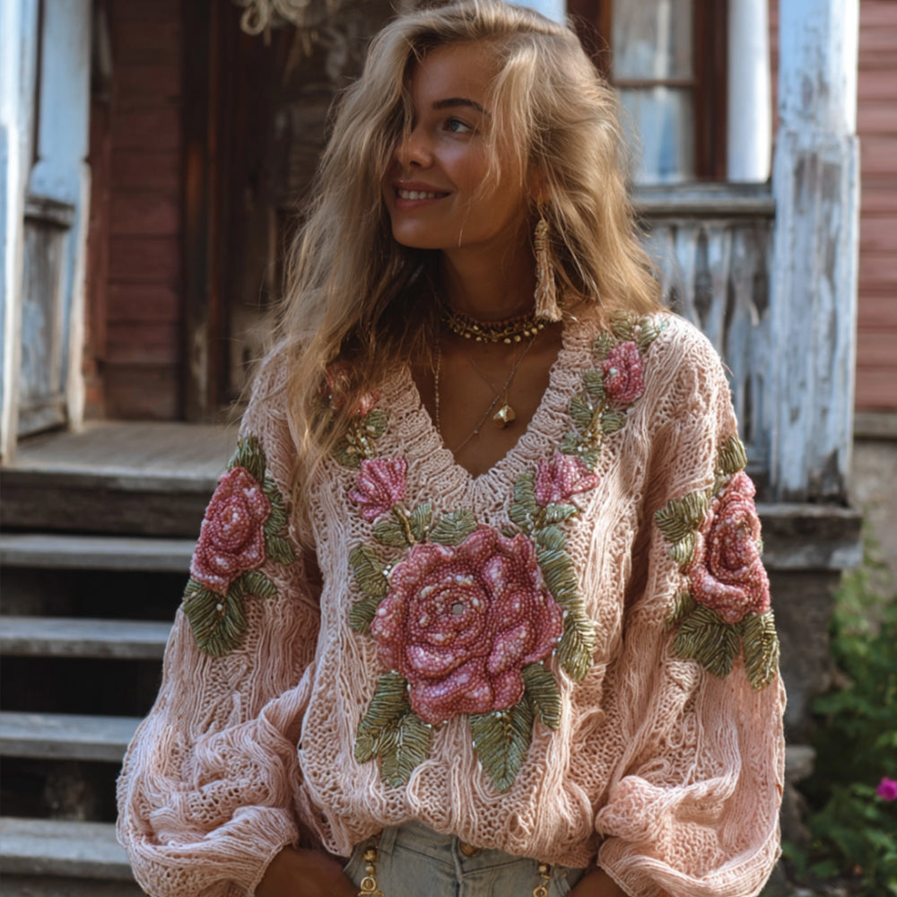 Women's Vintage Floral Pink V-neck Sweater artswardrobe