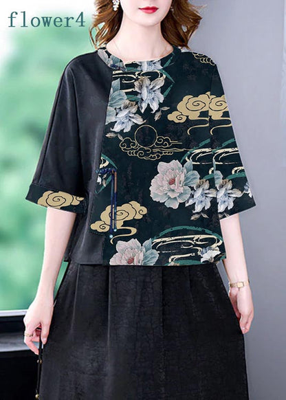 Green O-neck Print Patchwork Top Bracelet Sleeve