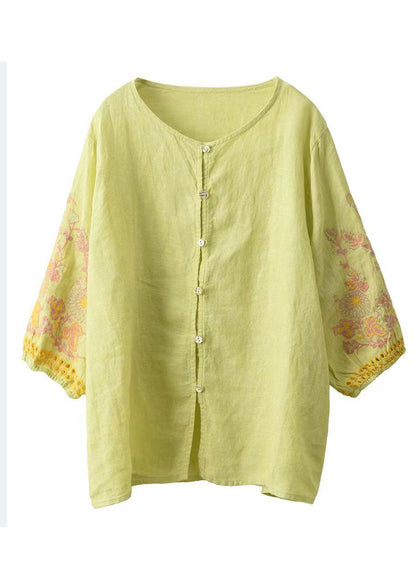 Light Green Embroidered Linen Shirts Bracelet Sleeve