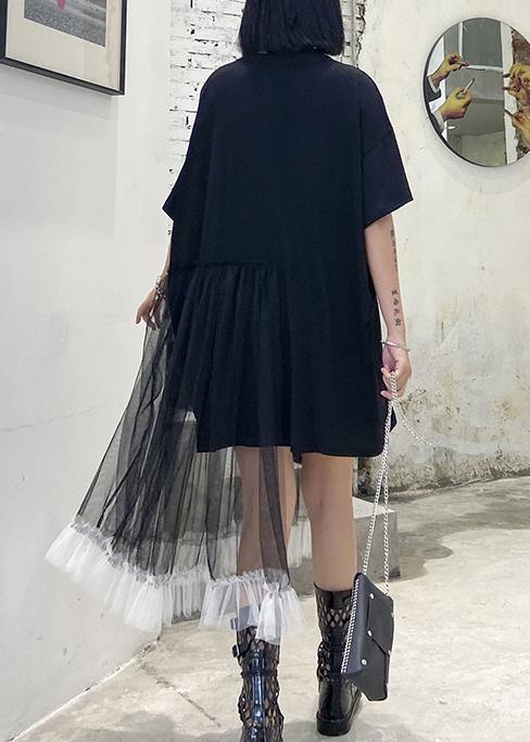 Style Black Dresses O Neck Patchwork Tulle Midi Dresses