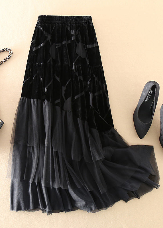 Diy Black Tulle Patchwork Silk Velour Skirt Spring