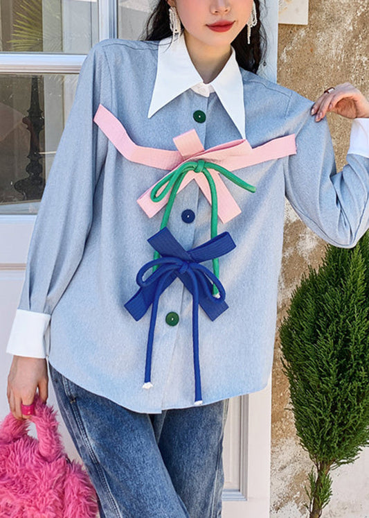 Light Blue Peter Pan Collar Removable Bow Skirts Long Sleeve
