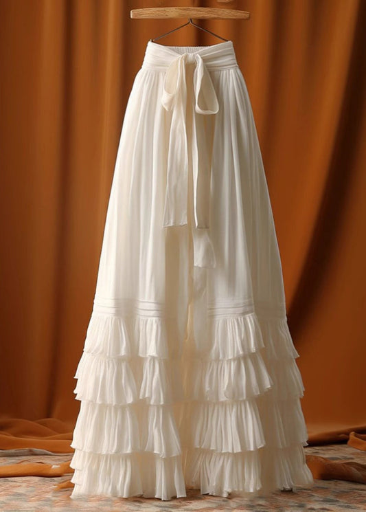 Stylish White Layered Ruffled Lace Up Patchwork Tulle Skirt Summer