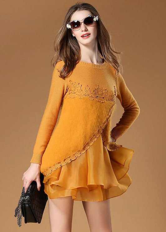 Yellow Side Open Organza Patchwork Fuzzy Fur Fluffy Mini Dresses Spring