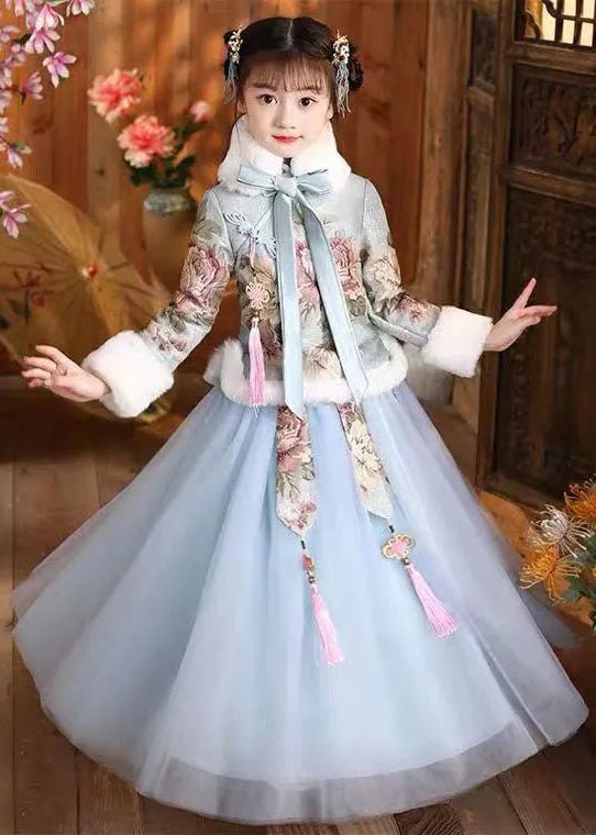 Blue Fur Collar Print Button Coats and Tulle Maxi Skirts Two Pieces Set Long Sleeve