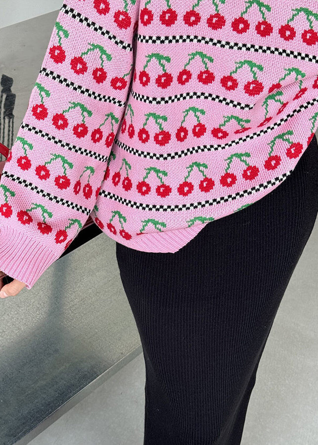 New Pink O Neck Thick Print Knit Short Sweater Fall